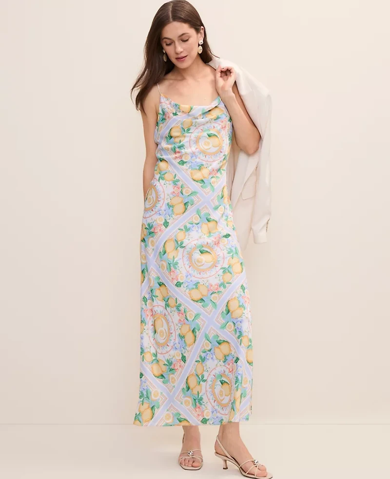 Ann Taylor Lemon Print Cowl Neck Slip Dress Satin Multi-Please Use B Version Women's