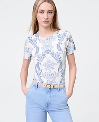 Ann Taylor Weekend Collection Floral Crew Neck T-Shirt Feather - Light Blue Women's