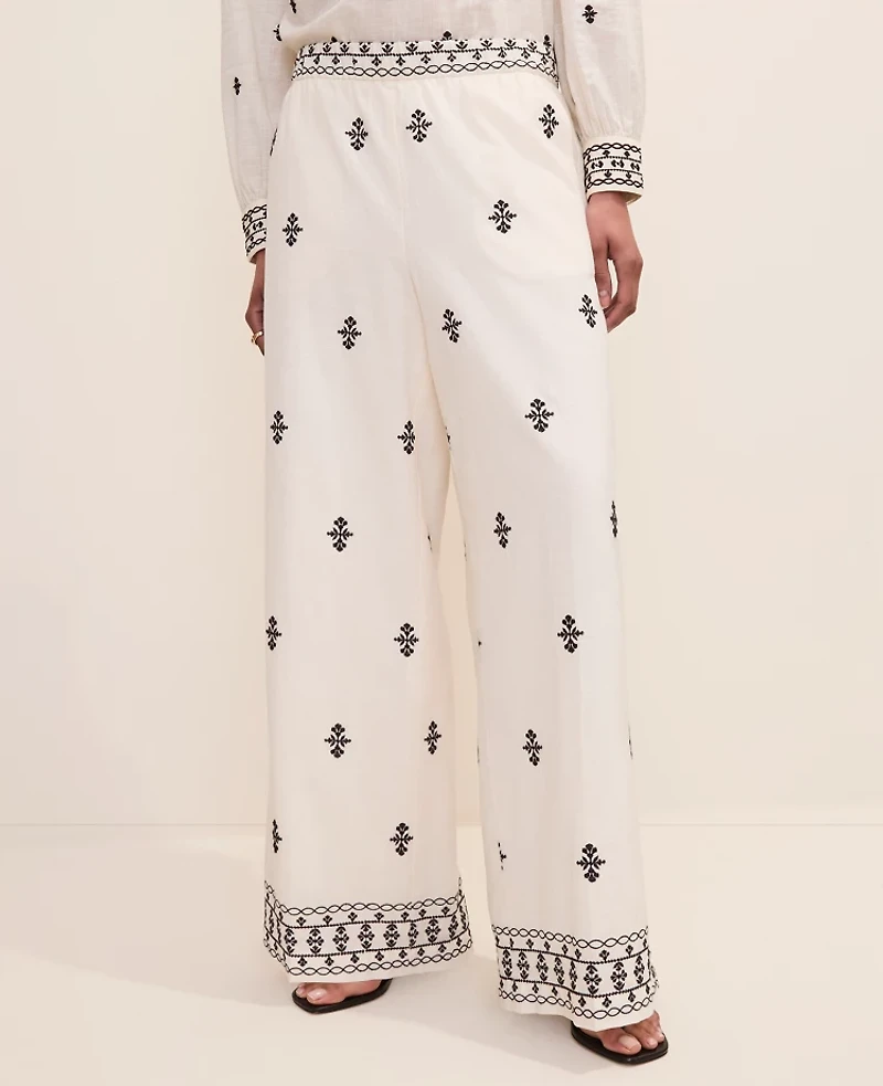 Ann Taylor The Embroidered Easy Fit Wide-Leg Pant Winter White Women's