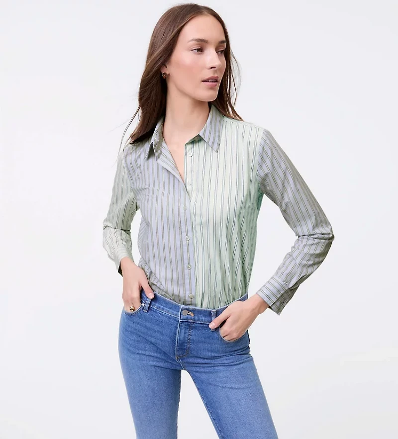 Ann Taylor Petite Weekend Collection Striped Relaxed Perfect Shirt Blush Haze Women's