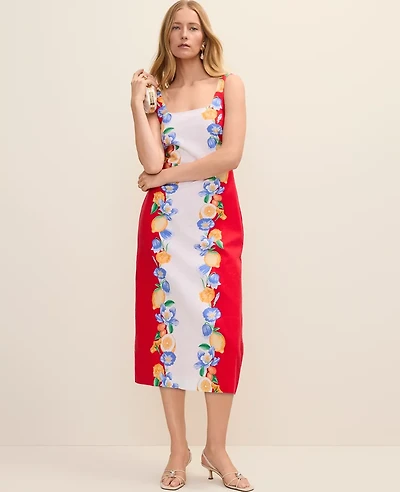 Ann Taylor Floral Sheath Dress Linen Blend Bright Cherry Women's