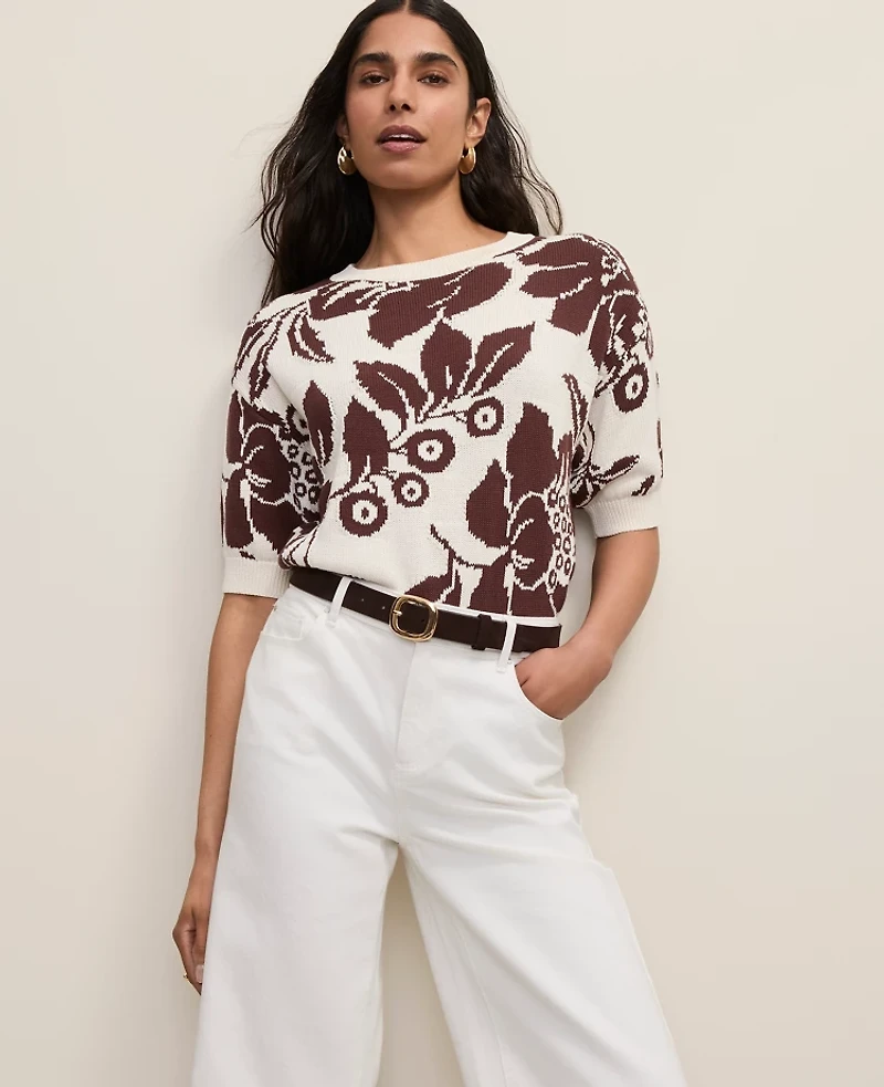 Ann Taylor Floral Jacquard Sweater T-Shirt Rich Walnut Women's