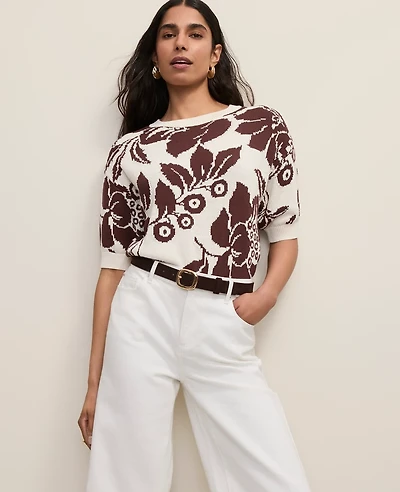 Ann Taylor Floral Jacquard Sweater T-Shirt Rich Walnut Women's