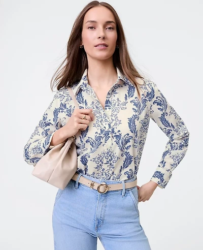 Ann Taylor Petite Weekend Collection Toile Relaxed Perfect Shirt Feather - Light Blue Women's