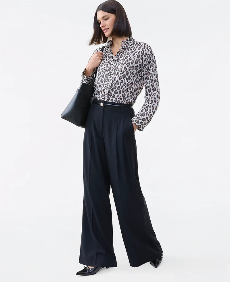 Ann Taylor Petite Animal Print Ruffle Shirt Pale Linen Women's