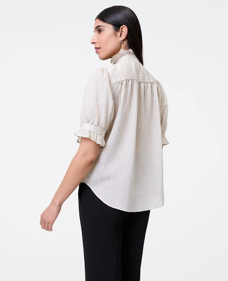 Ann Taylor Petite Striped Ruffle Collar Shirt Ivory Women's