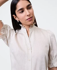 Ann Taylor Petite Striped Ruffle Collar Shirt Ivory Women's
