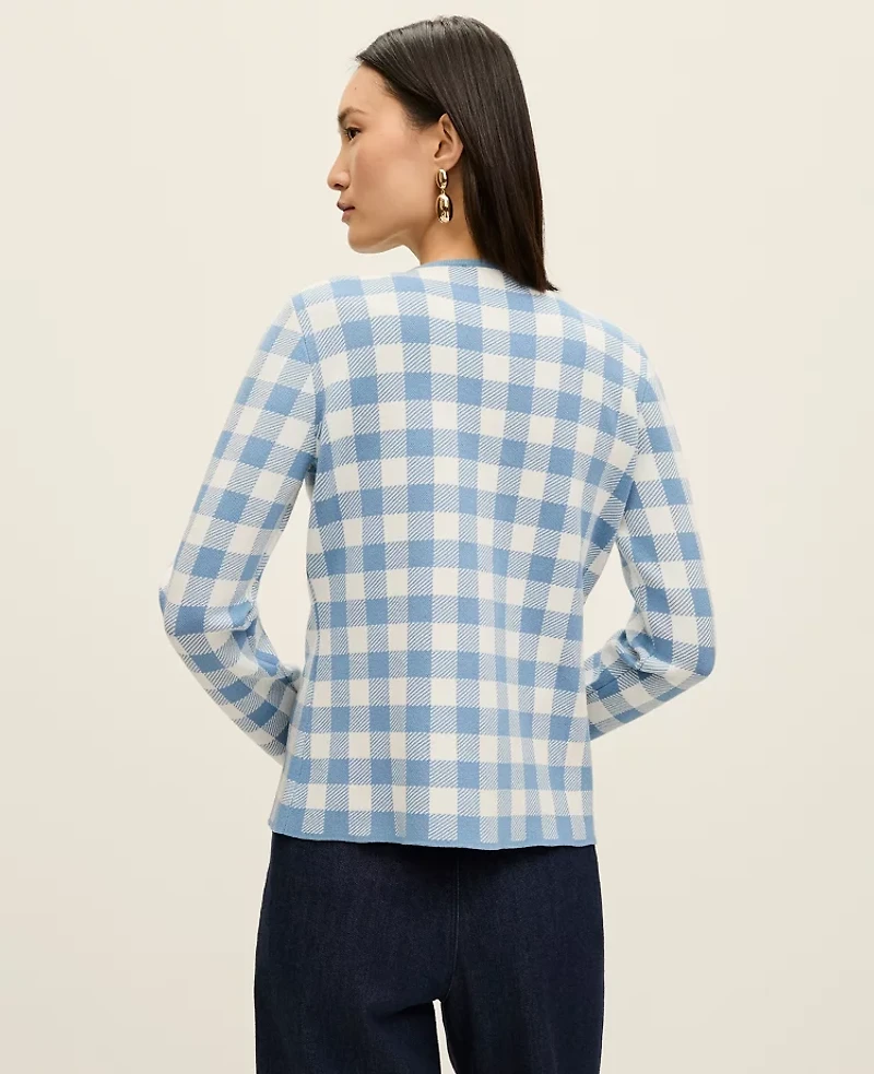 Ann Taylor Gingham Jacquard Sweater Jacket Sea Haze Women's