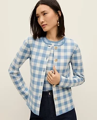 Ann Taylor Gingham Jacquard Sweater Jacket Sea Haze Women's