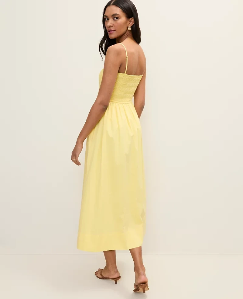 Ann Taylor Weekend Smocked Flare Midi Dress Yellow Hibiscus Women's