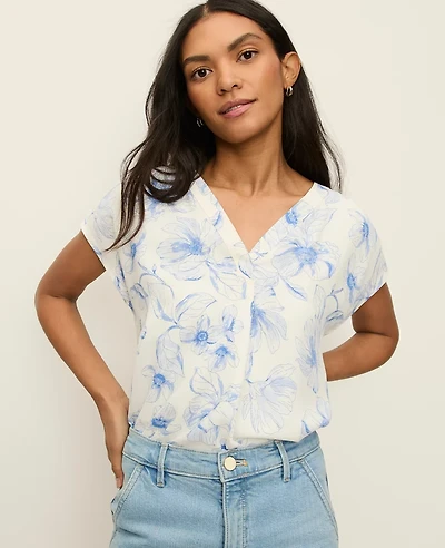 Ann Taylor Floral Mixed Media Top Blue Women's