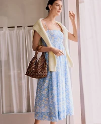 Ann Taylor Weekend Floral Smocked Midi Dress Vista Blue Women's