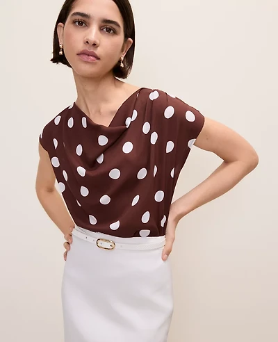 Ann Taylor Polka Dot Mixed Media Cowl Neck Top Rich Walnut Women's