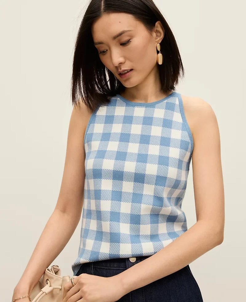 Ann Taylor Gingham Halter Shell Top Sea Haze Women's