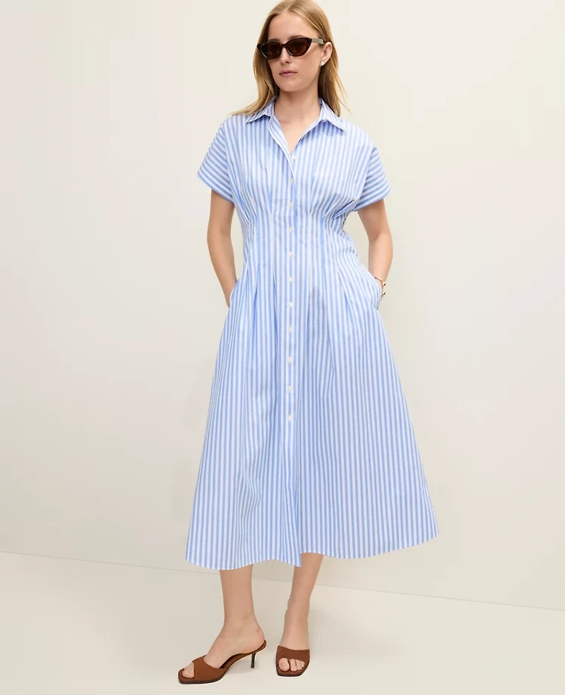 Ann Taylor Weekend Striped Pleated Midi Shirtdress White Blue Women's