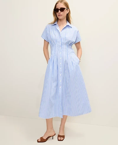 Ann Taylor Weekend Striped Pleated Midi Shirtdress White Blue Women's