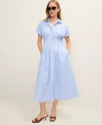 Ann Taylor Weekend Striped Pleated Midi Shirtdress White Blue Women's
