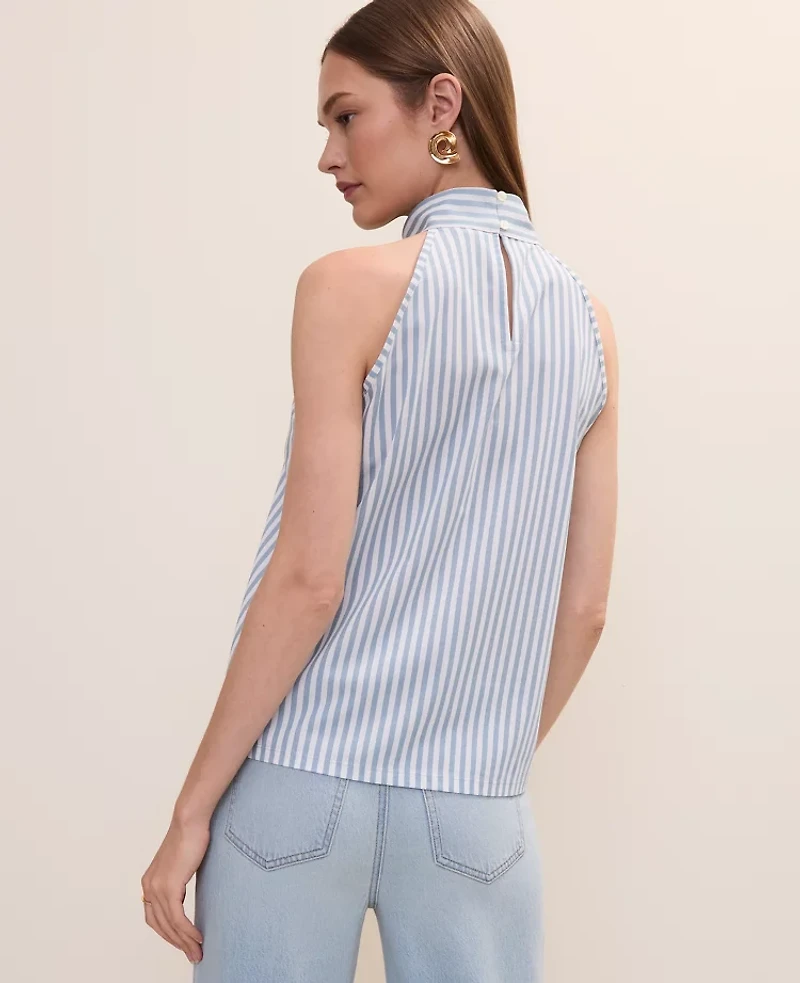 Ann Taylor Striped Mock Neck Halter Top Coastline Blue Women's