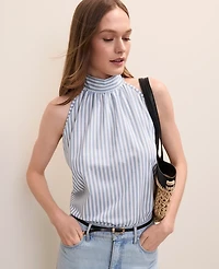 Ann Taylor Striped Mock Neck Halter Top Coastline Blue Women's