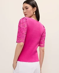 Ann Taylor Lace Trimmed Sweater Top Bright Magenta Flower Women's