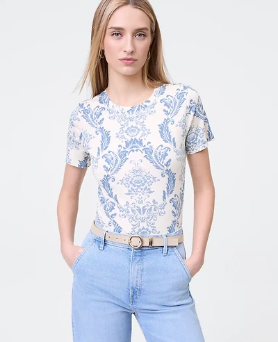 Ann Taylor Petite Weekend Collection Floral Crew Neck T-Shirt Feather - Light Blue Women's