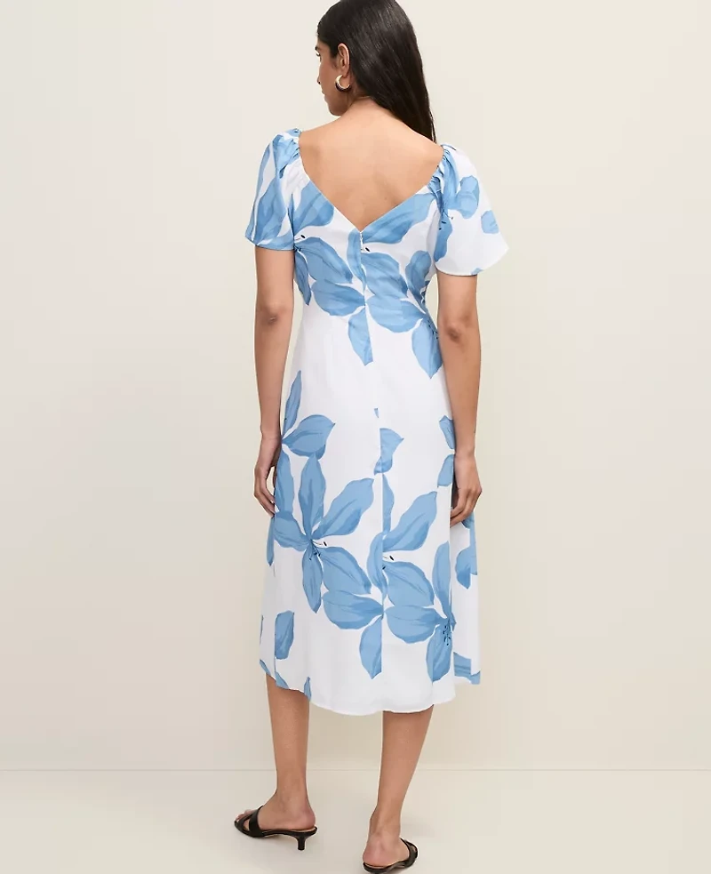 Ann Taylor Floral Shirred Flare Midi Dress Blue Women's