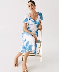 Ann Taylor Floral Shirred Flare Midi Dress Blue Women's