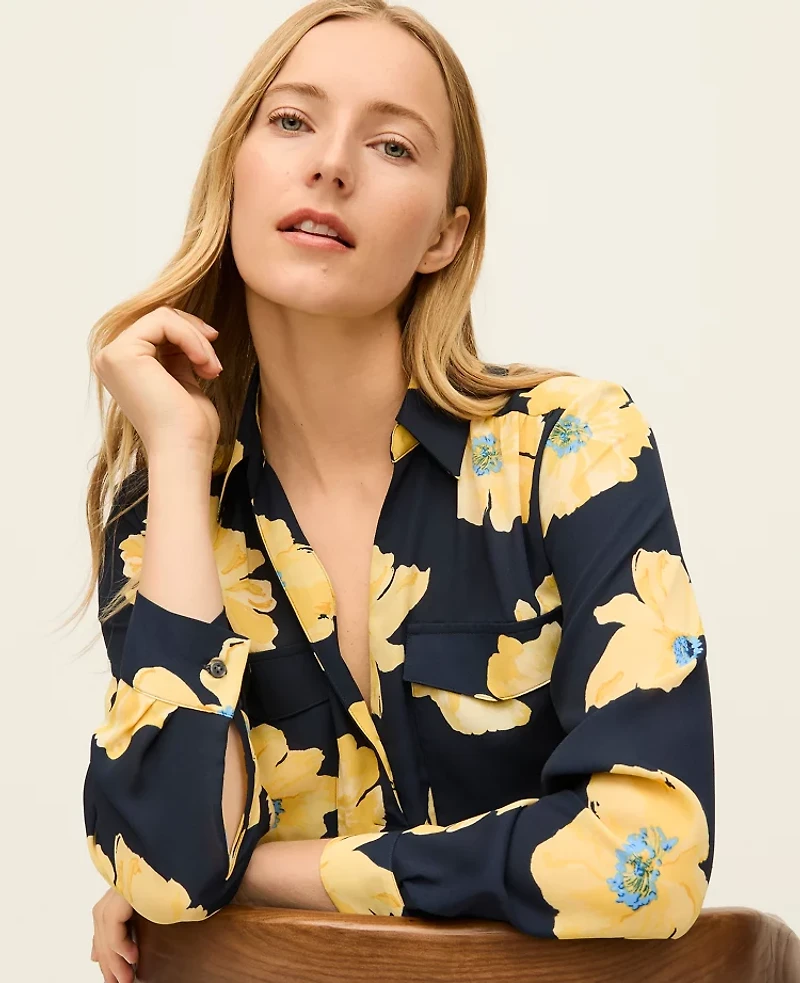 Ann Taylor Floral Camp Shirt Night Sky Women's