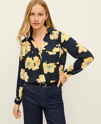 Ann Taylor Floral Camp Shirt Night Sky Women's