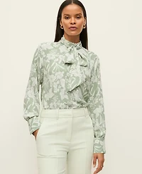 Ann Taylor Floral Bow Blouse Aqua Foam Women's