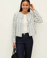 Ann Taylor The Petite Crew Neck Jacket Plaid Cashmere Blue Women's