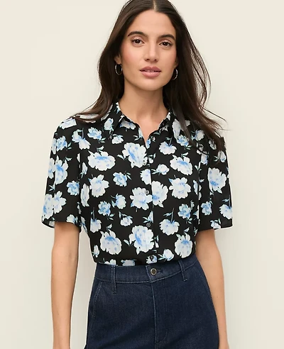 Ann Taylor Petite Floral Button Down Shirt Soft Cornflower Women's
