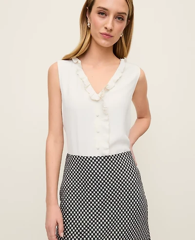 Ann Taylor Petite Mixed Media V-neck Ruffle Shell Top Winter White Women's