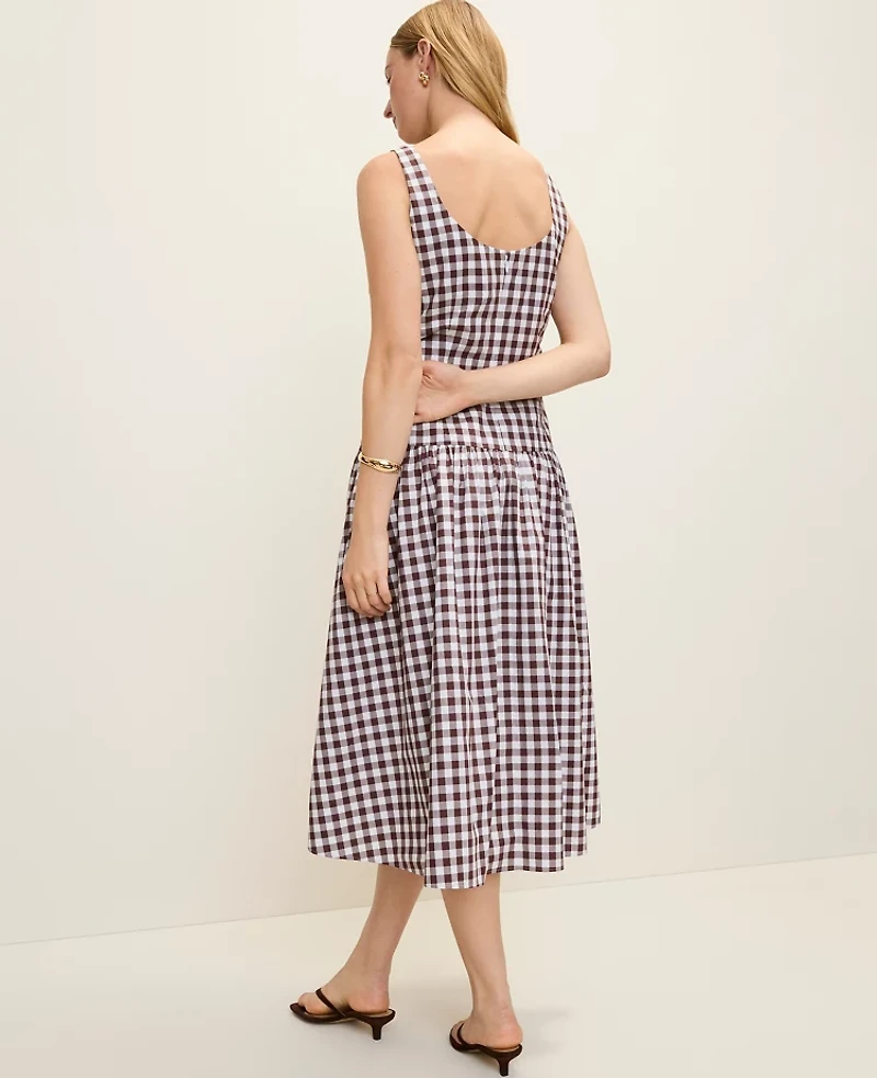 Ann Taylor Gingham Flare Midi Dress Rich Walnut Women's