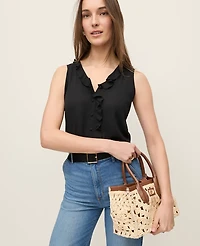 Ann Taylor Petite Mixed Media V-neck Ruffle Shell Top Black Women's