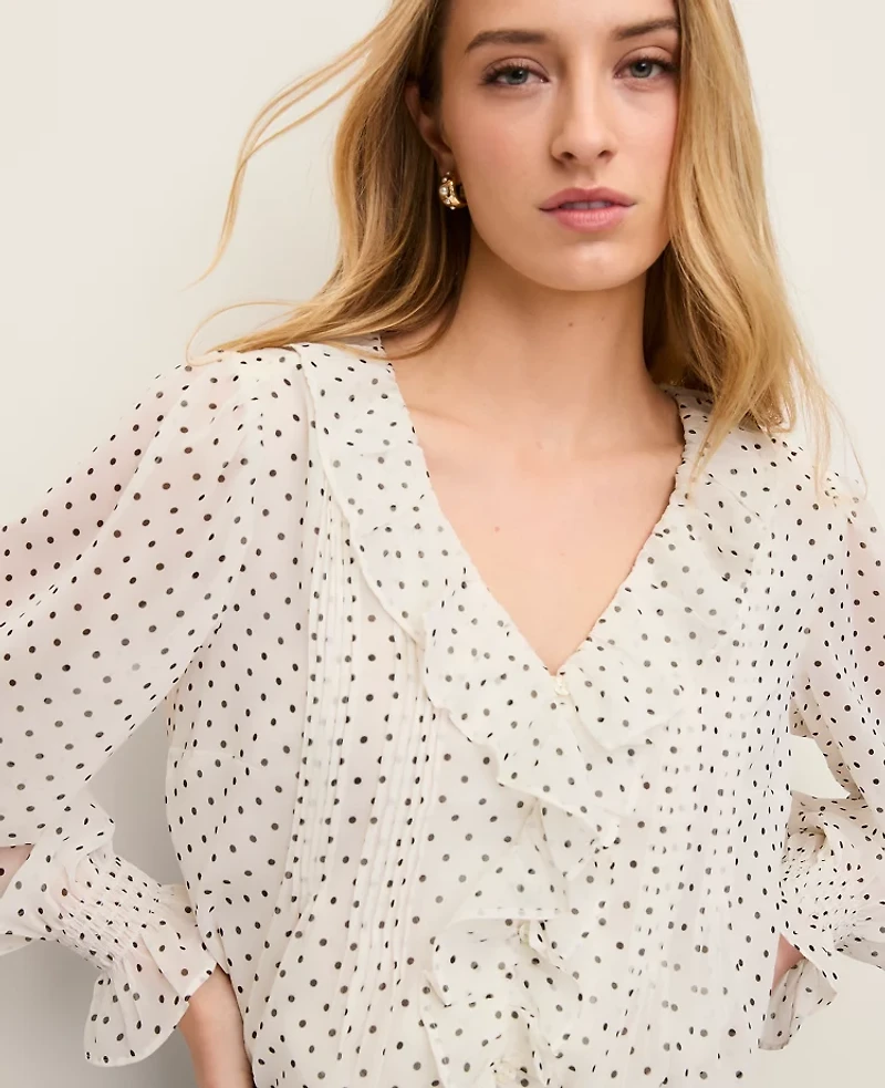 Ann Taylor Micro Dot Ruffle Trim Blouse Winter White Women's
