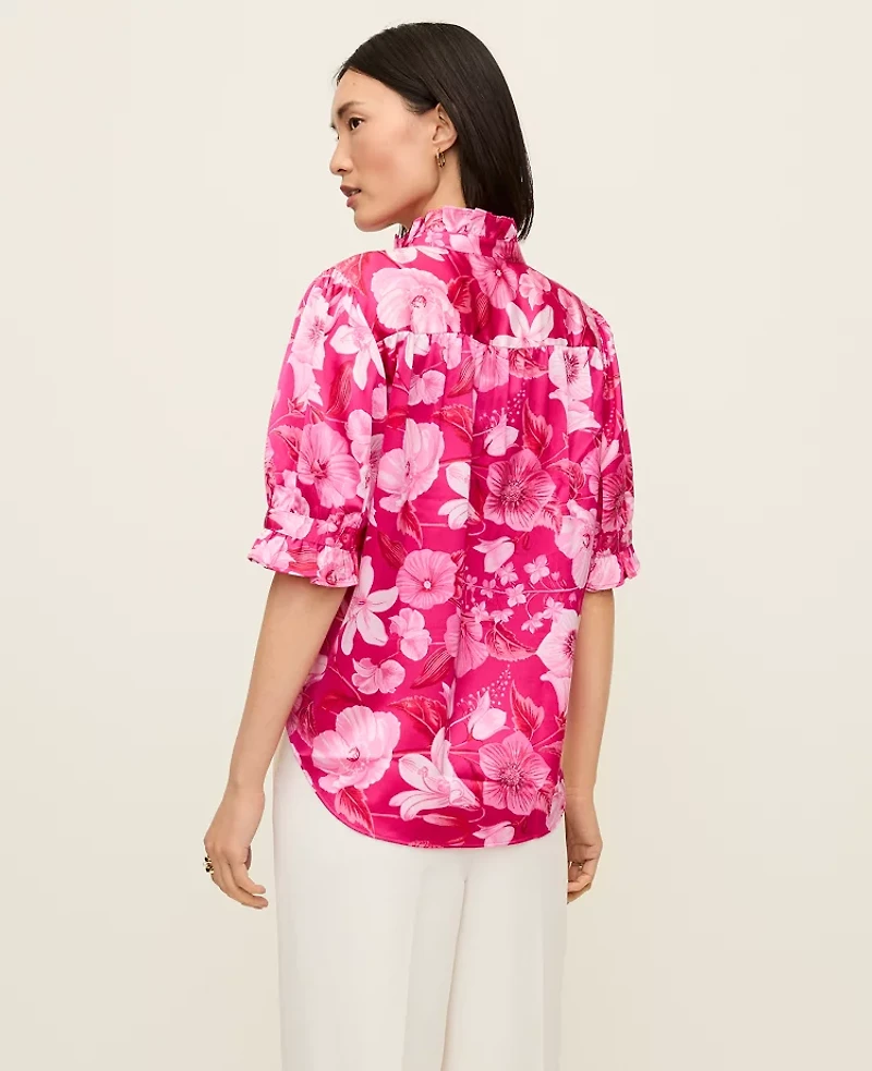 Ann Taylor Petite Floral Ruffle Collar Blouse Bougainvillea Women's