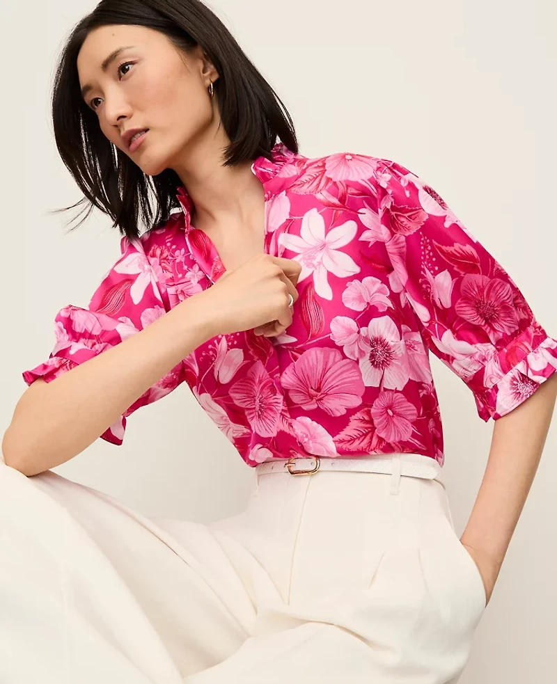 Ann Taylor Petite Floral Ruffle Collar Blouse Bougainvillea Women's