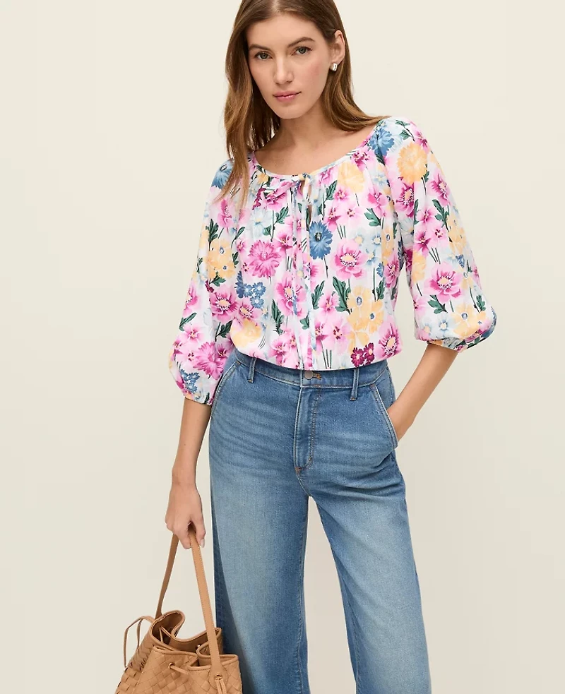 Ann Taylor Petite Weekend Collection Floral Linen Blend Blouse Women's