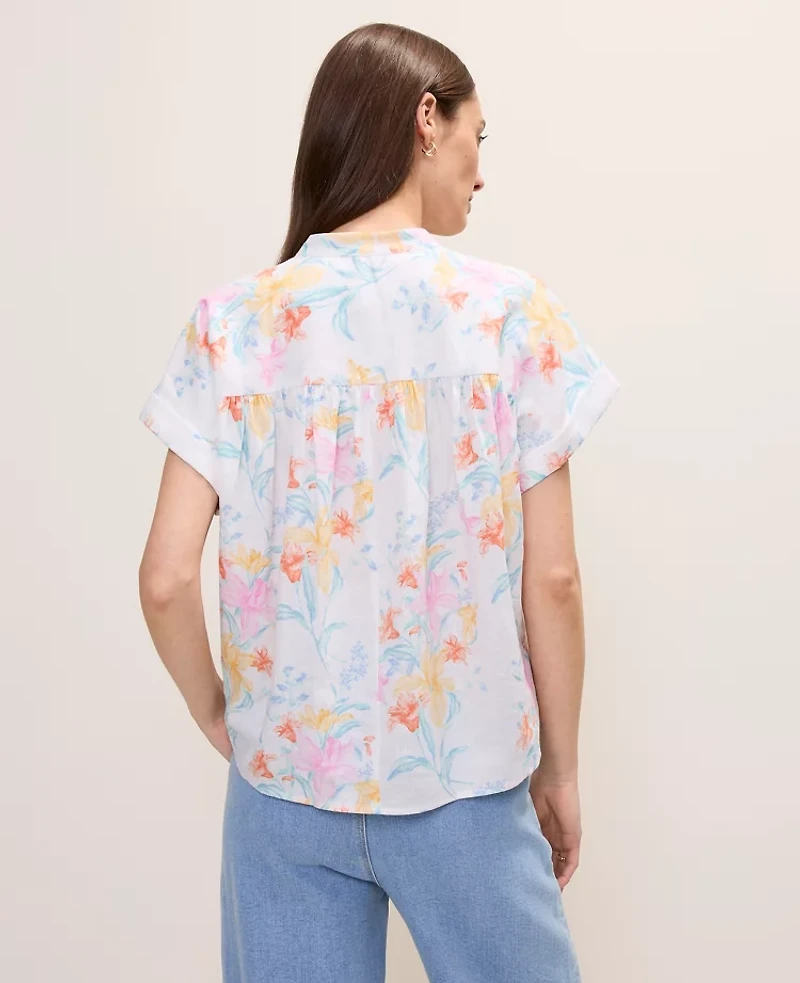 Ann Taylor Floral Linen Blend Split Neck Blouse Women's