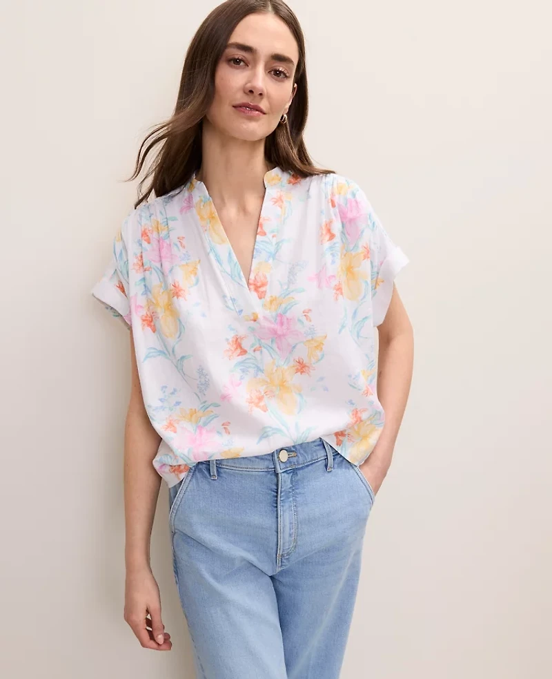 Ann Taylor Floral Linen Blend Split Neck Blouse Women's