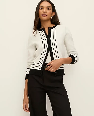Ann Taylor Striped Jacquard Cardigan White/Black Combo Women's