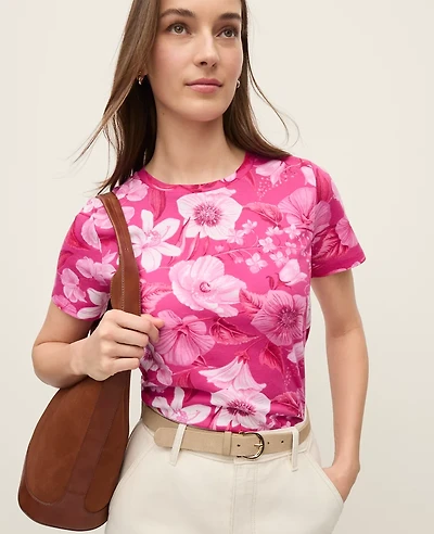 Ann Taylor Petite Floral Crew Neck T-Shirt Bougainvillea Women's