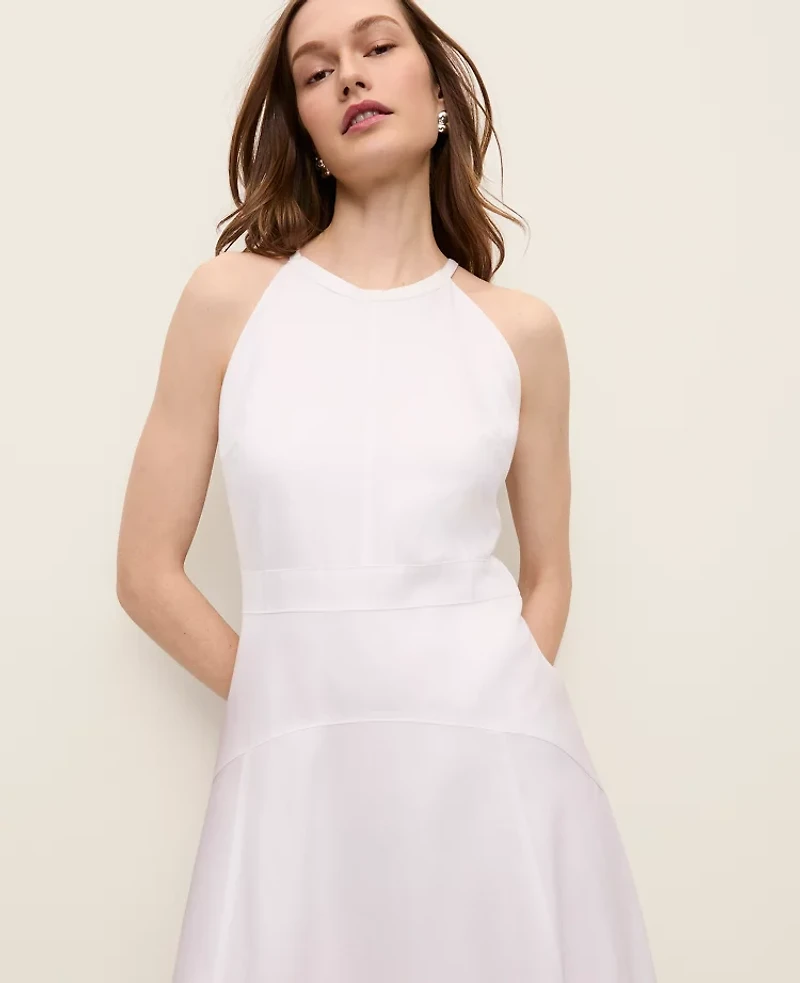 Ann Taylor Petite Linen Blend Halter Flare Midi Dress White Women's