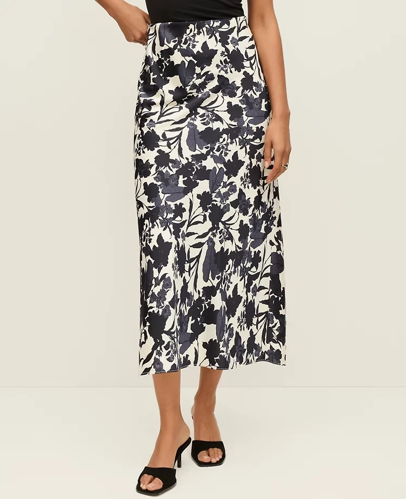 Ann Taylor Petite Floral Satin Midi Slip Skirt Night Sky Women's