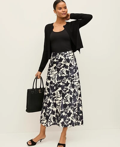 Ann Taylor Petite Floral Satin Midi Slip Skirt Night Sky Women's