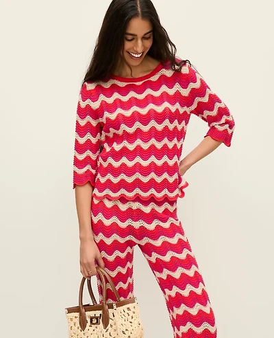 Ann Taylor Petite Striped Crochet Sweater Smoldering Red Women's