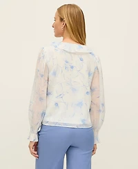 Ann Taylor Floral Ruffle Trim Blouse Blue Women's