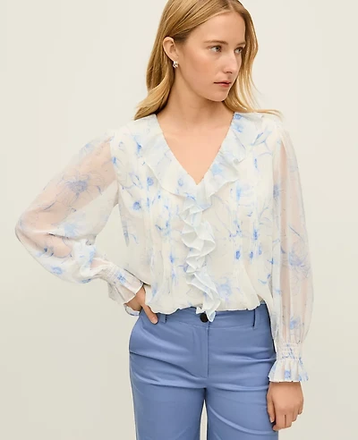 Ann Taylor Floral Ruffle Trim Blouse Blue Women's