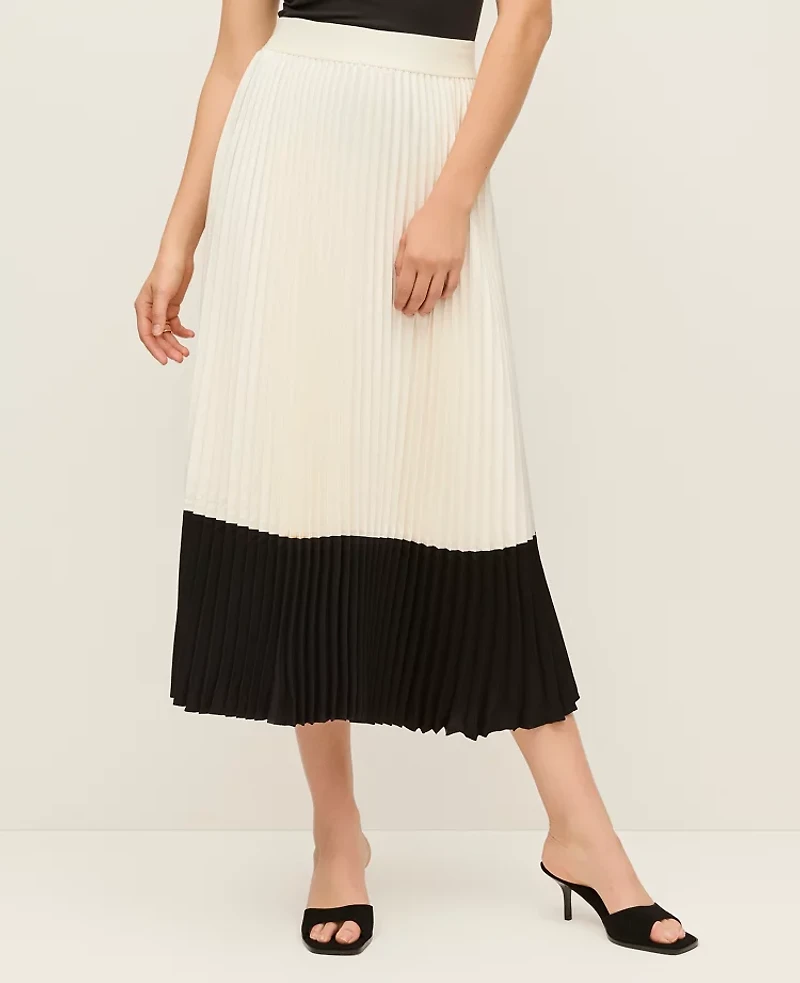 Ann Taylor Petite Colorblock Pleated Midi Skirt Winter White Women's